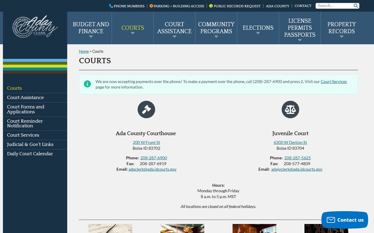 Ada County Clerk courts information for court records after arrest