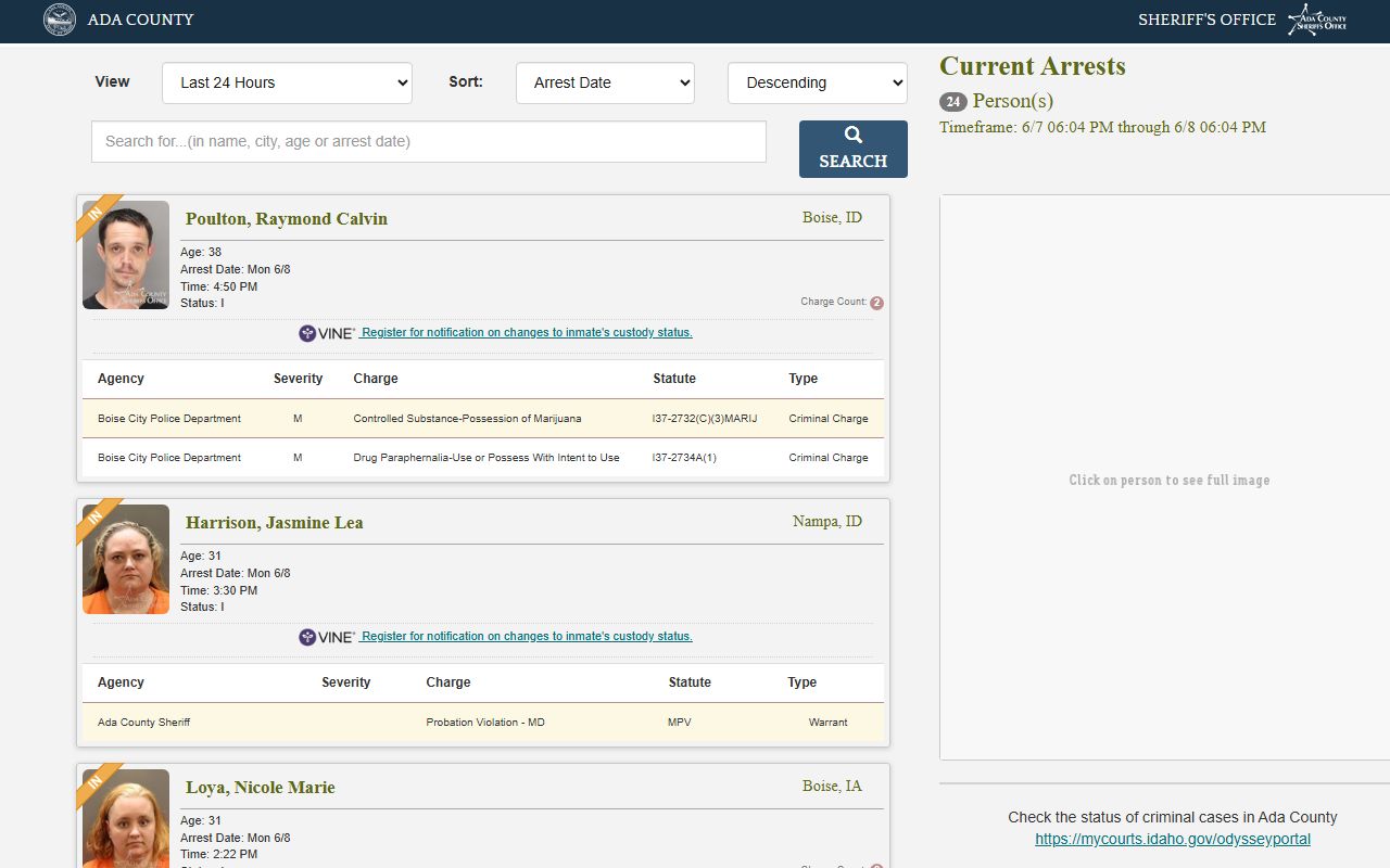 Ada County current arrests report for inmate records and booking lookup