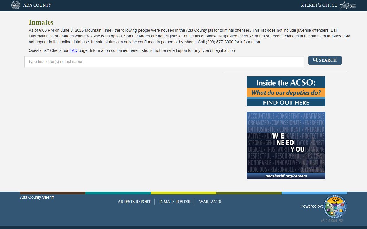 Ada County inmate roster search for Ada County inmate population lookup