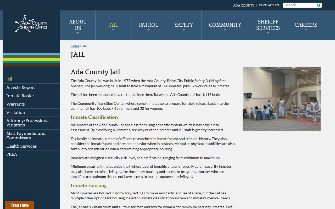 Ada County Jail overview for Ada County inmate population records
