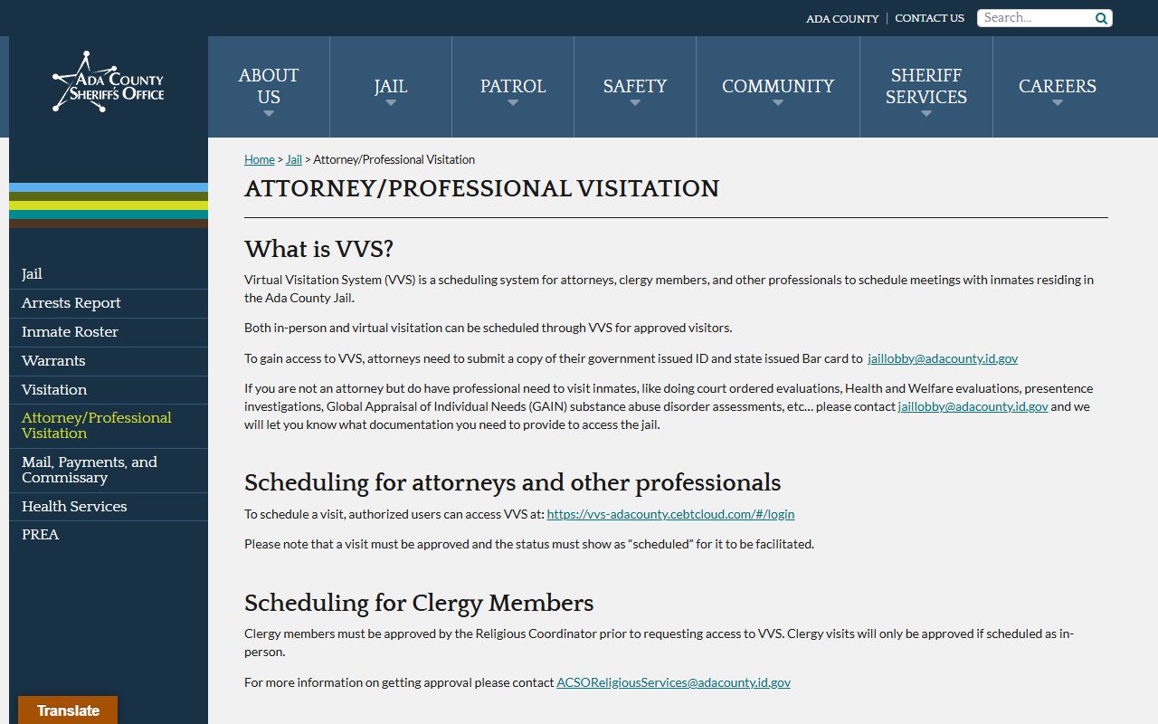 Ada County Community Transition Center professional inmate visitation record
