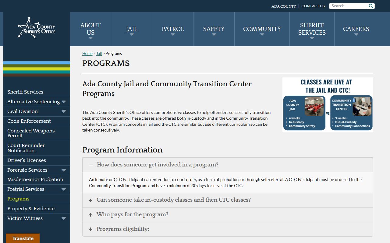 Ada County Community Transition Center inmate programs and jail custody record