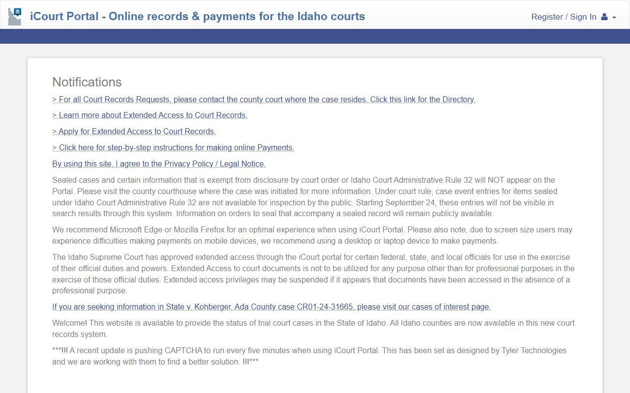 Ada County court records after arrest search through the Idaho iCourt Portal