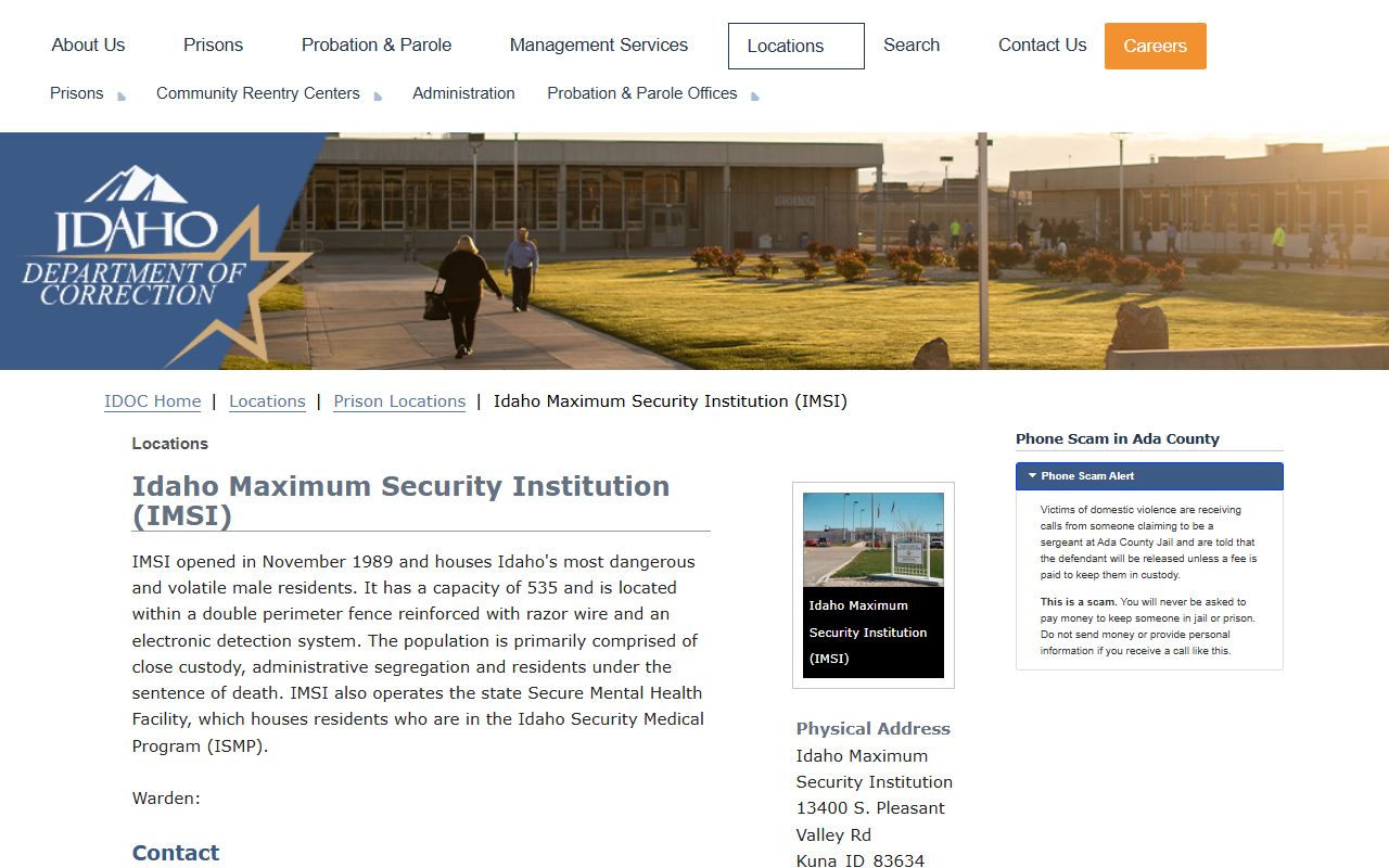 Idaho Maximum Security Institution inmate lookup facility record in Ada County