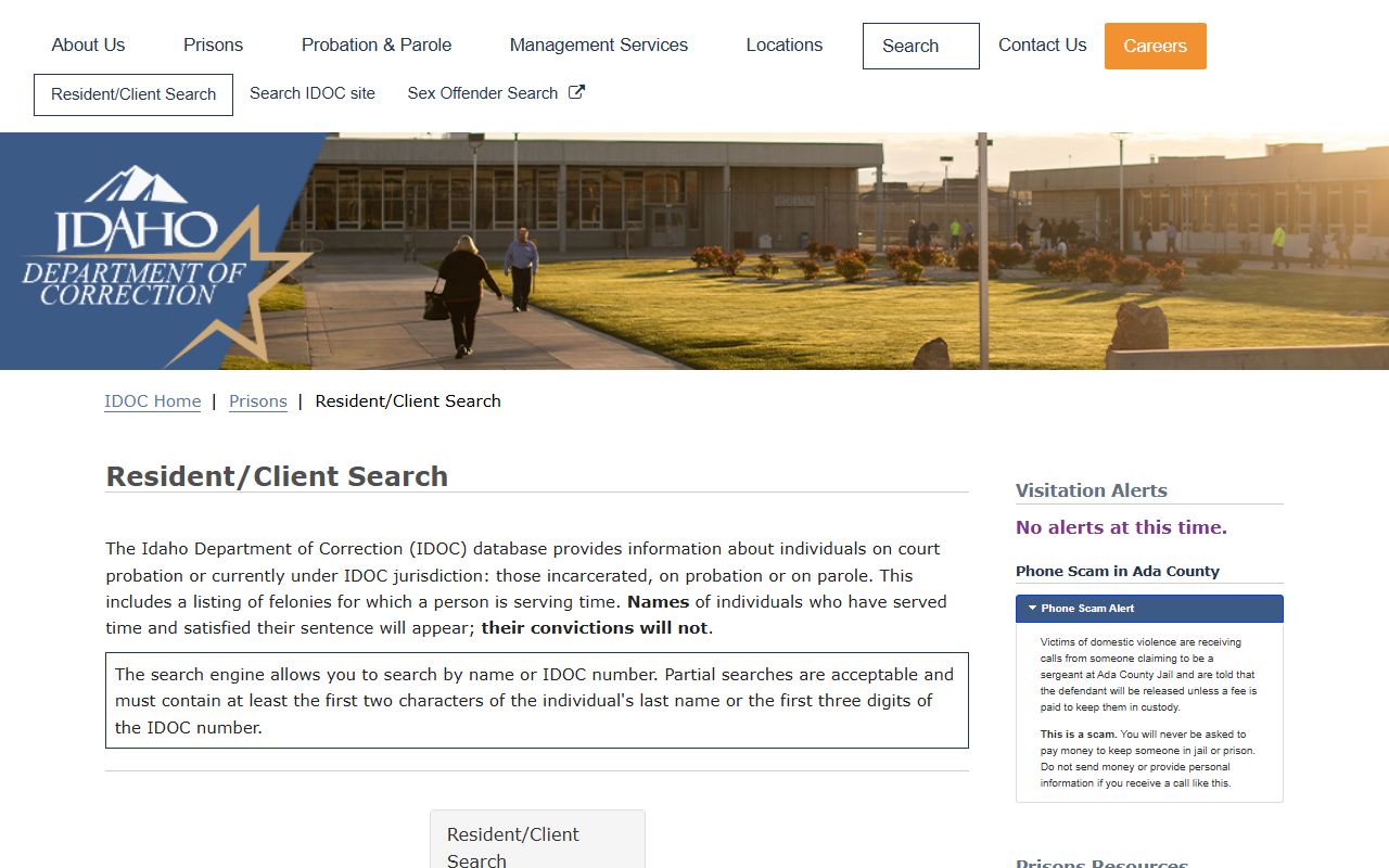 IDOC resident client search for Ada County state inmate lookup