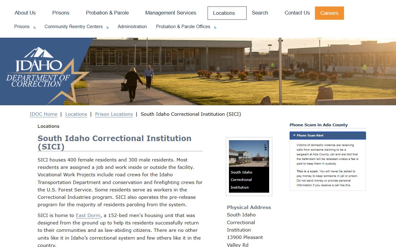 South Idaho Correctional Institution inmate search and pre-release record in Ada County